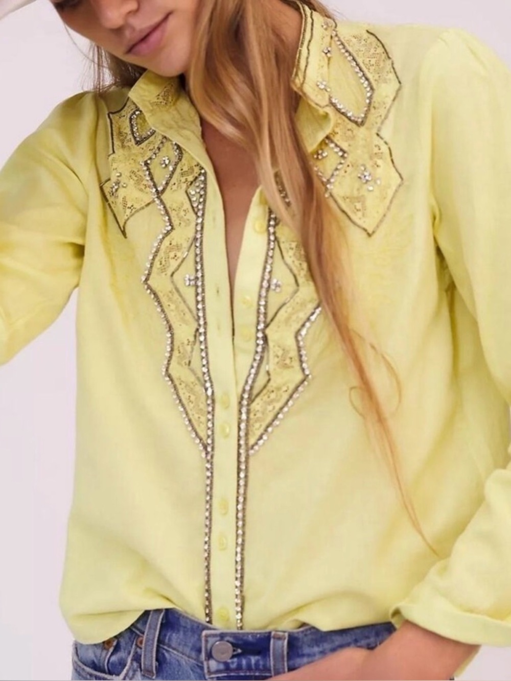Anthropologie Pilcro Nayeli Beaded Rhinestone Button Down Shirt NEW SP